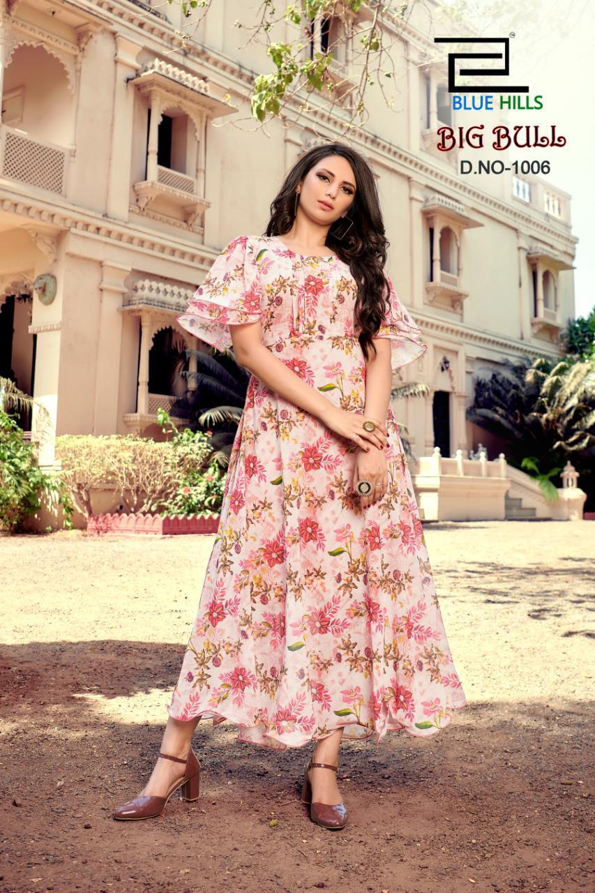 
Blue Hills Big Bull 1 Latest Fancy Designer Flair  Chiffon digital Printed Kurti Collection